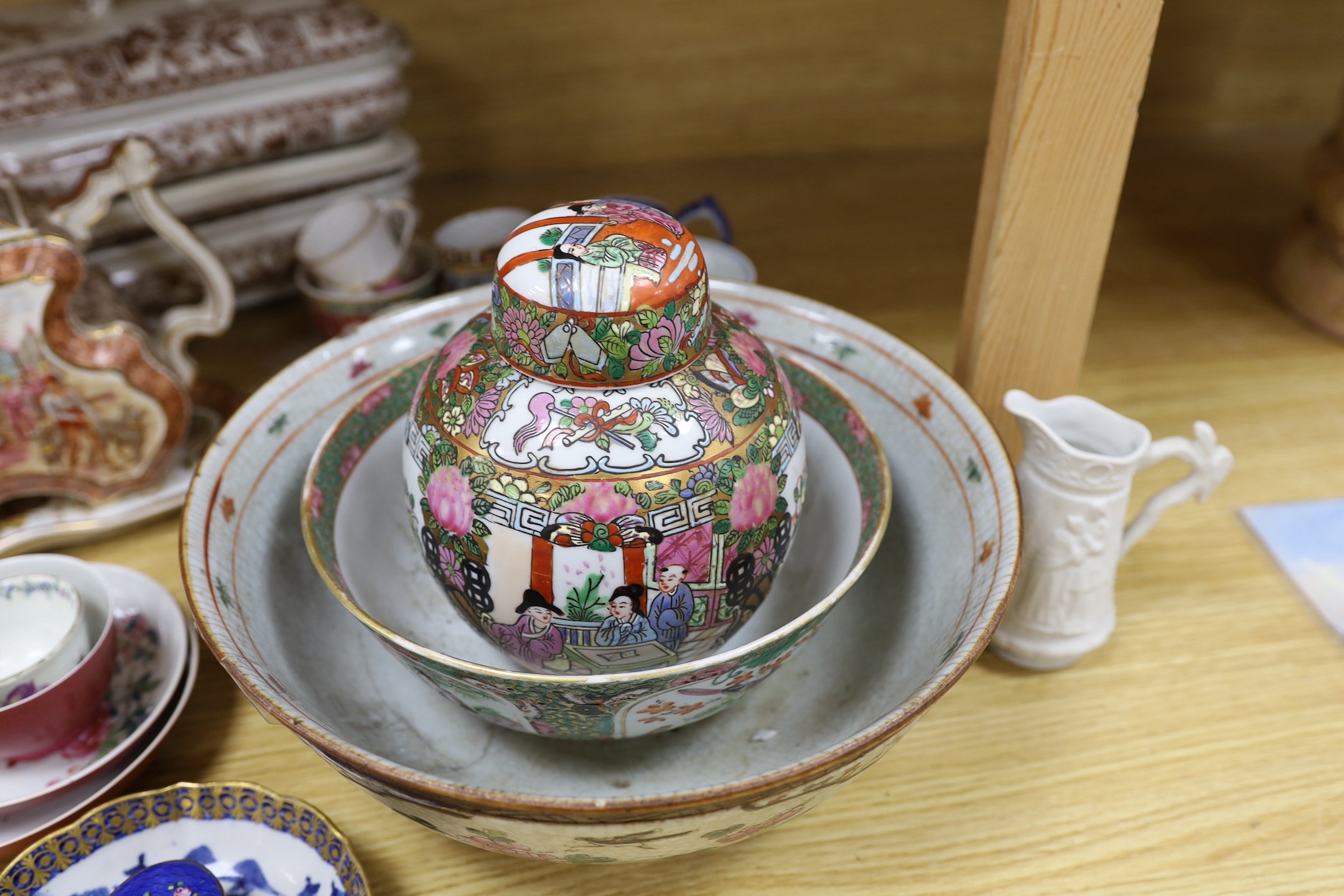 A group of Chinese porcelain, an enamel brush and two Victorian tureens and covers, a teapot etc